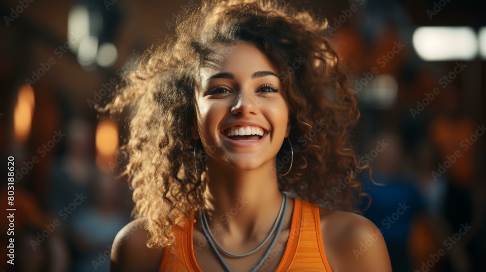 Portrait of a young woman with curly hair smiling Portrait of a young woman with curly hair smiling