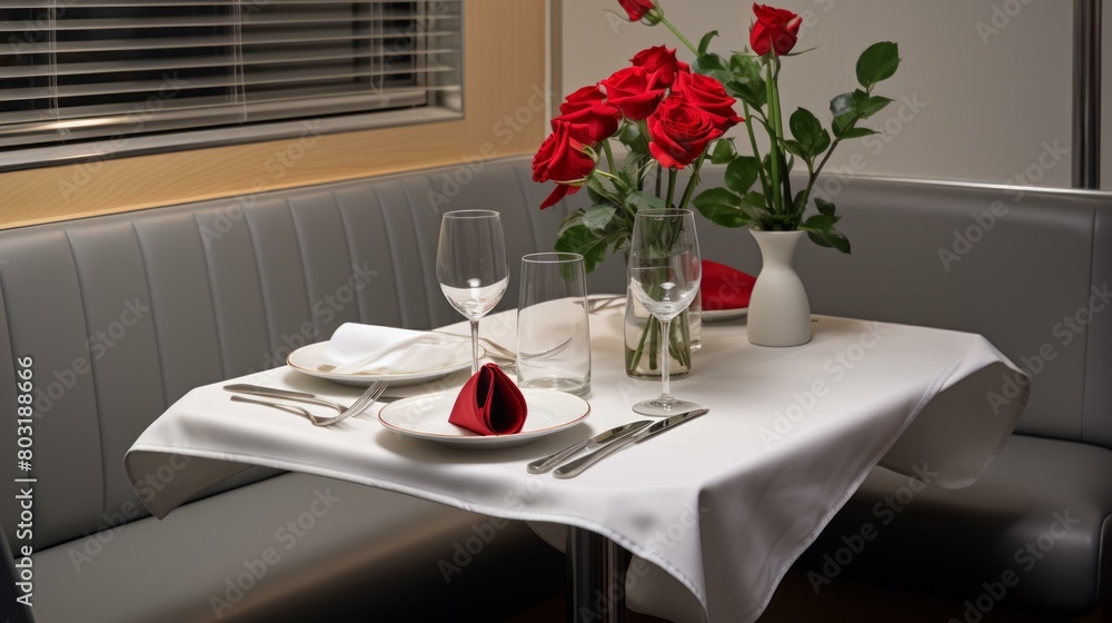 A romantic dinner table with red roses, wine glasses, and a white tablecloth A romantic dinner table with red roses, wine glasses, and a white tablecloth