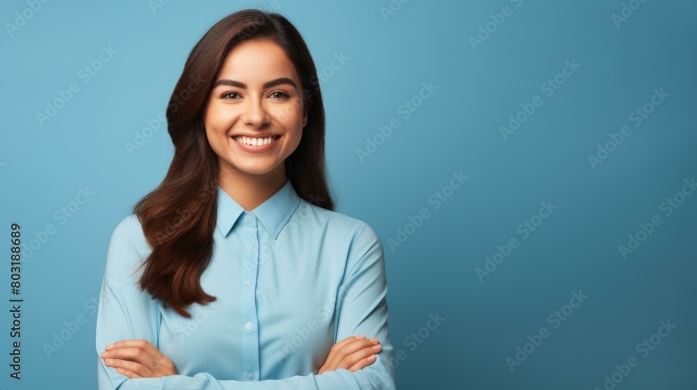 Portrait of a smiling young woman in a blue shirt Portrait of a smiling young woman in a blue shirt