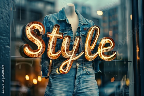 A bright and catchy 'Style' neon sign glows warmly in a store's window display, offering a glimpse into the fashionable interior photo