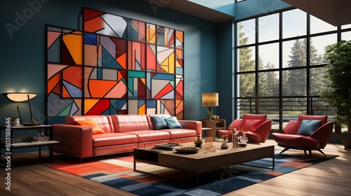 A stunning living room with a colorful geometric artwork photo