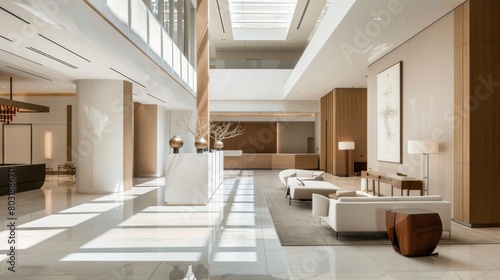 Serene Modern Lobby with Neutral Color Scheme AI Generated. © ArquitecAi