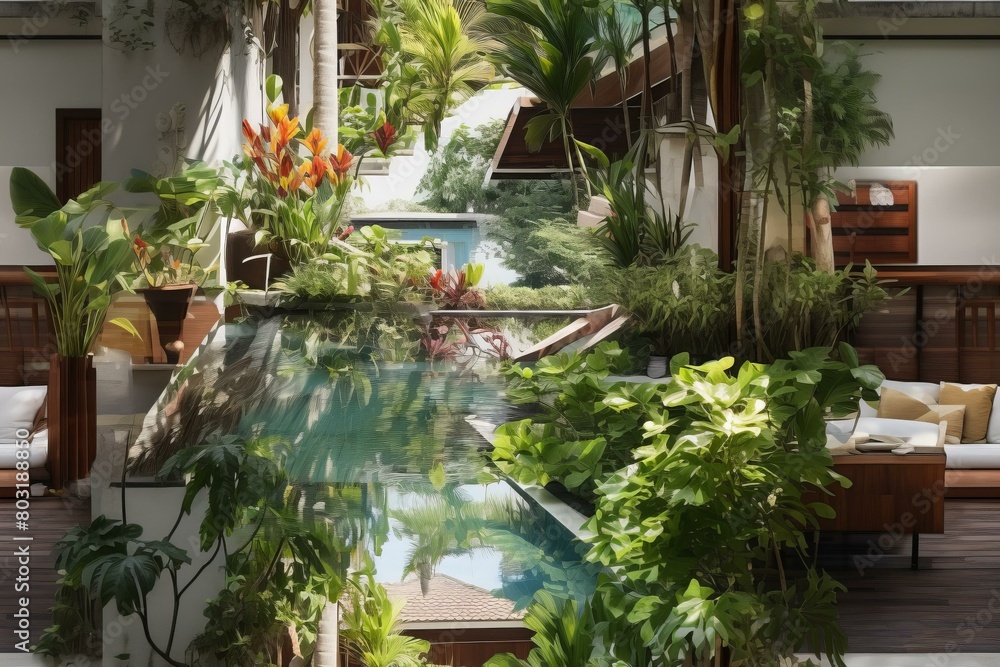 Indoor tropical atrium with swimming pool and lush greenery Indoor tropical atrium with swimming pool and lush greenery