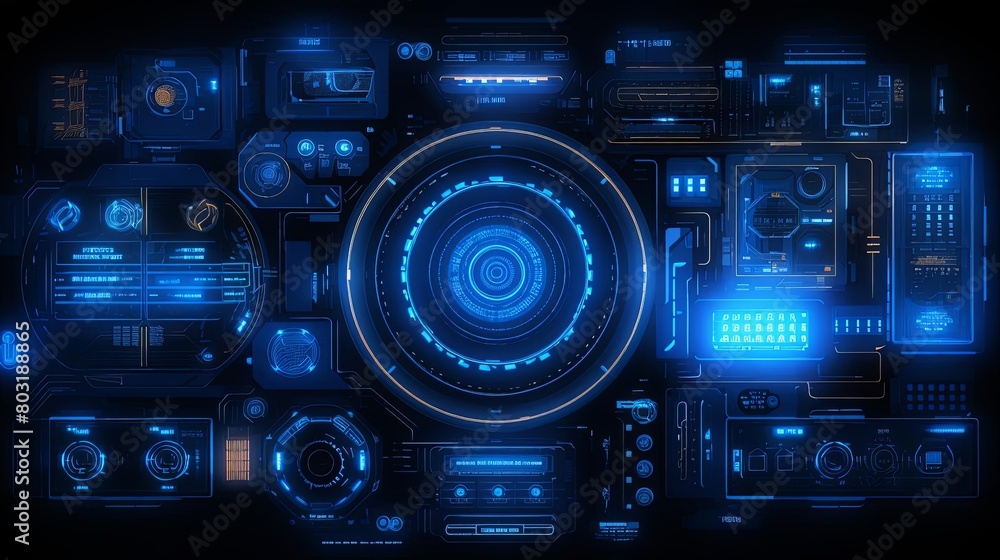 Intricate HUD design in neon blue, tech theme, aerial perspective, clear resolution Intricate HUD design in neon blue, tech theme, aerial perspective, clear resolution