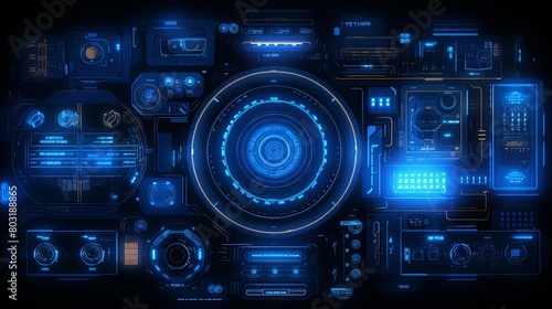 Intricate HUD design in neon blue, tech theme, aerial perspective, clear resolution
