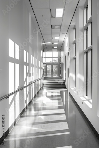 Modern building interior with long hallway and large windows