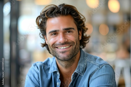 confident businessman smiling in office wearing casual denim shirt natural lighting portrait © Lucija