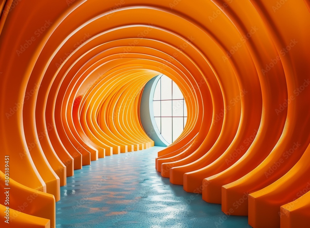 Orange tunnel with blue water floor and window at the end Orange tunnel with blue water floor and window at the end