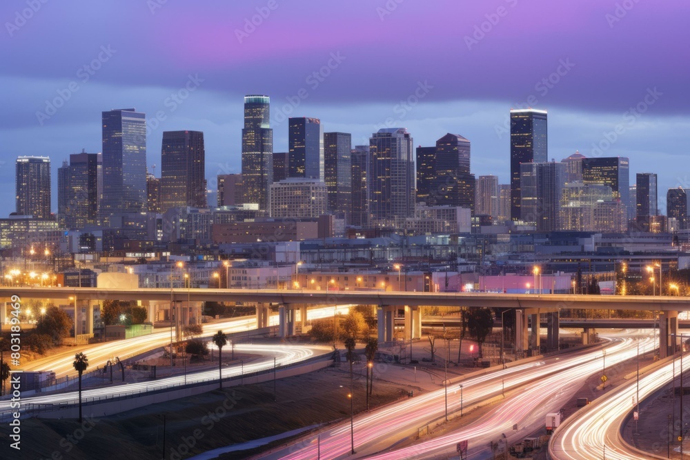 Los Angeles skyline at night with the 110 freeway in the foreground