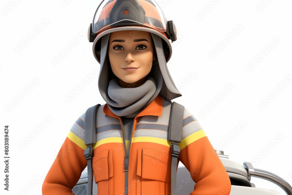 A female firefighter wearing a hijab and protective gear smiles at the camera. A female firefighter wearing a hijab and protective gear smiles at the camera.