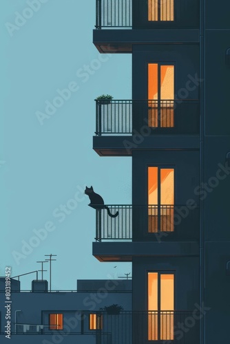 A black cat sitting on the railing of a balcony in an apartment building