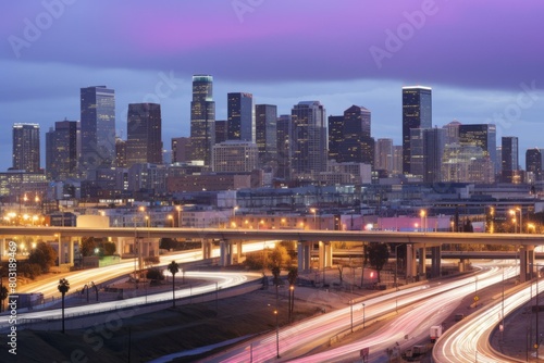Los Angeles skyline at night with the 110 freeway in the foreground © Adobe Contributor