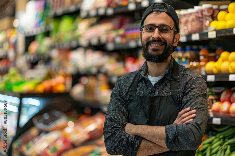 confident supermarket seller standing with arms crossed smiling at camera retail customer service