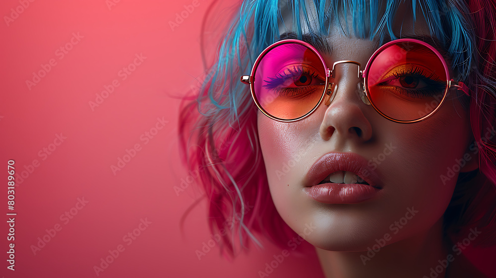 A woman headshot crazy trendy fashion pink background fashion glasses wig