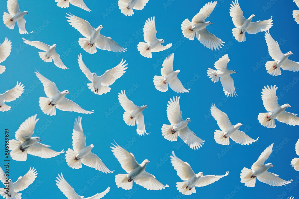 Group of elegant white doves soaring gracefully in the clear blue sky on a sunny day, symbolizing freedom and peace Group of elegant white doves soaring gracefully in the clear blue sky on a sunny day, symbolizing freedom and peace