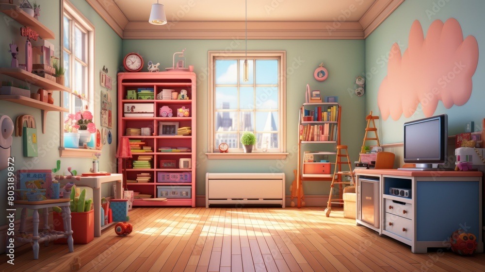Cozy pink and blue themed child's room with lots of toys and books Cozy pink and blue themed child's room with lots of toys and books