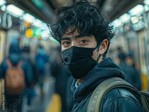 Curly-haired man wearing a black mask standing on a subway platform © Adobe Contributor