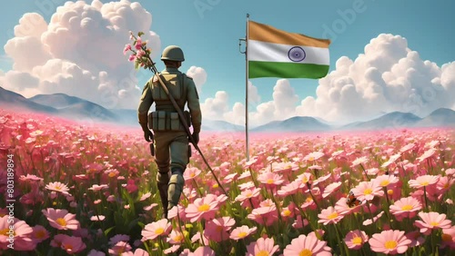 A soldier with flag of India in flower field. Seamless looping time-lapse 4k video animation background photo