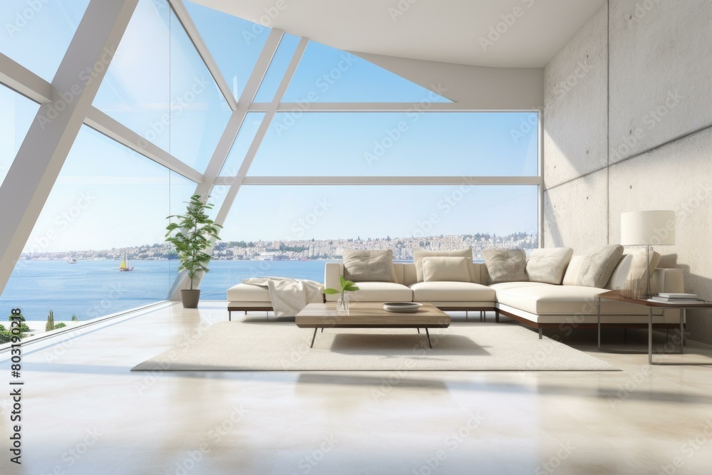 Modern bright living room interior with large windows and sea view Modern bright living room interior with large windows and sea view