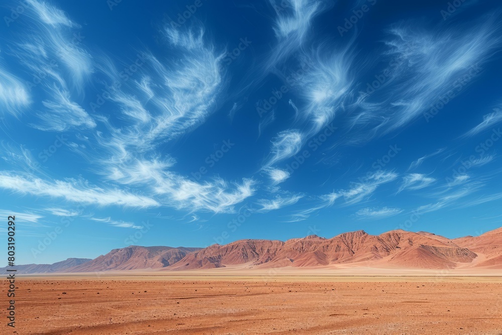 A vast desert landscape with mountains in the distance and a blue sky with wispy white clouds