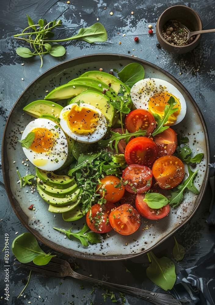 Healthy breakfast with avocado, boiled egg and tomatoes Healthy breakfast with avocado, boiled egg and tomatoes