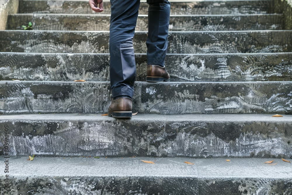 cropped view of businessman ascending outdoor concrete stairs career progression concept