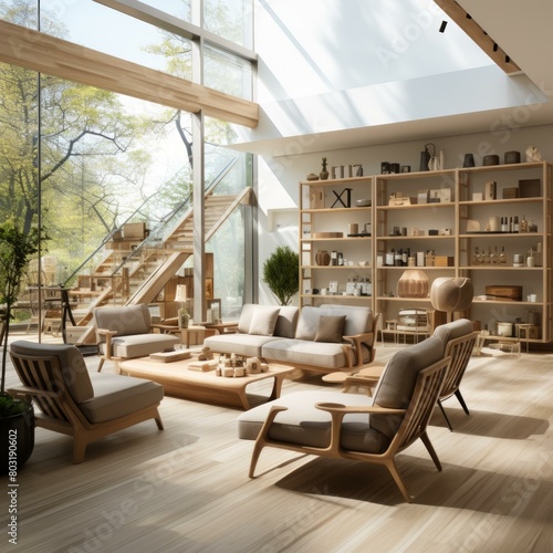 Airy and bright living room with large windows and wooden furniture
