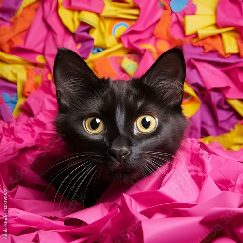 A black cat peeking out of a pile of colorful paper
