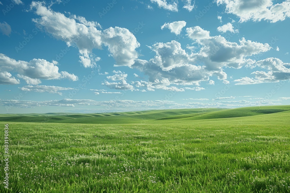 Green rolling hills under a blue sky with white clouds Green rolling hills under a blue sky with white clouds