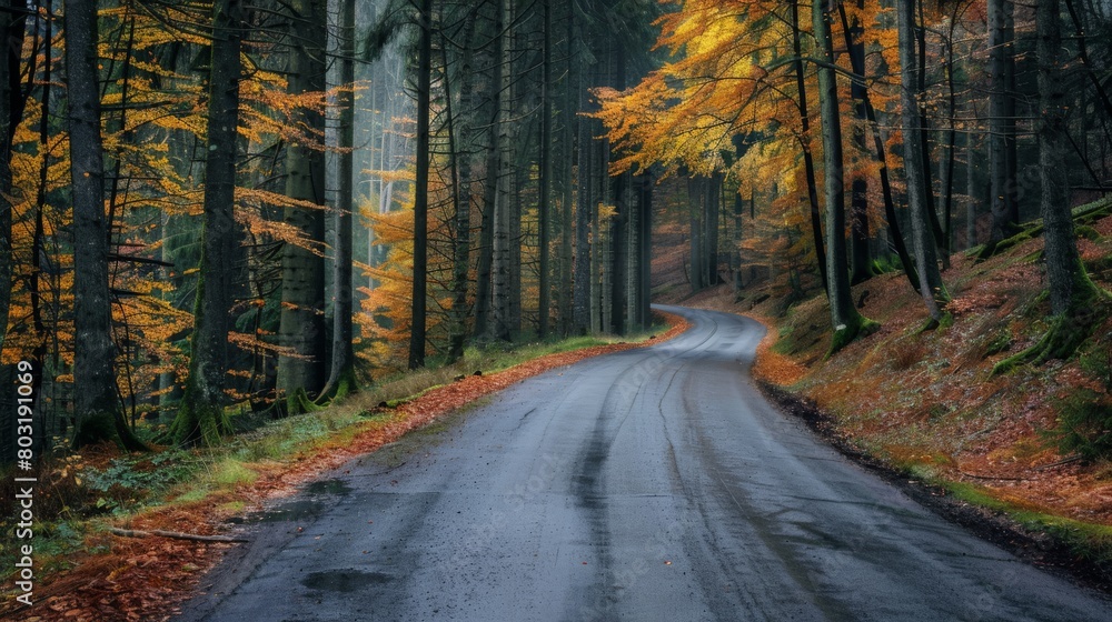 A photo of an empty road going through a fall forest.