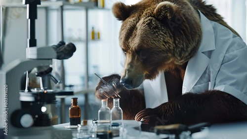 A grizzly bear in a lab coat intently examining a microscope in a high tech laboratory setting photo