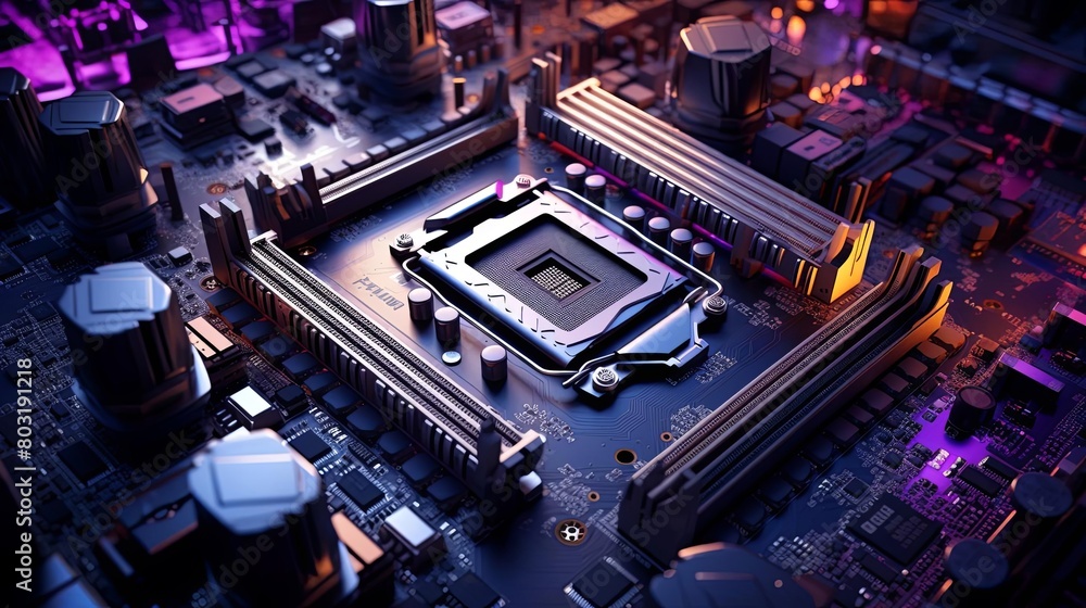 Motherboard layout showcasing CPU and microchips, topdown angle, high contrast Motherboard layout showcasing CPU and microchips, topdown angle, high contrast