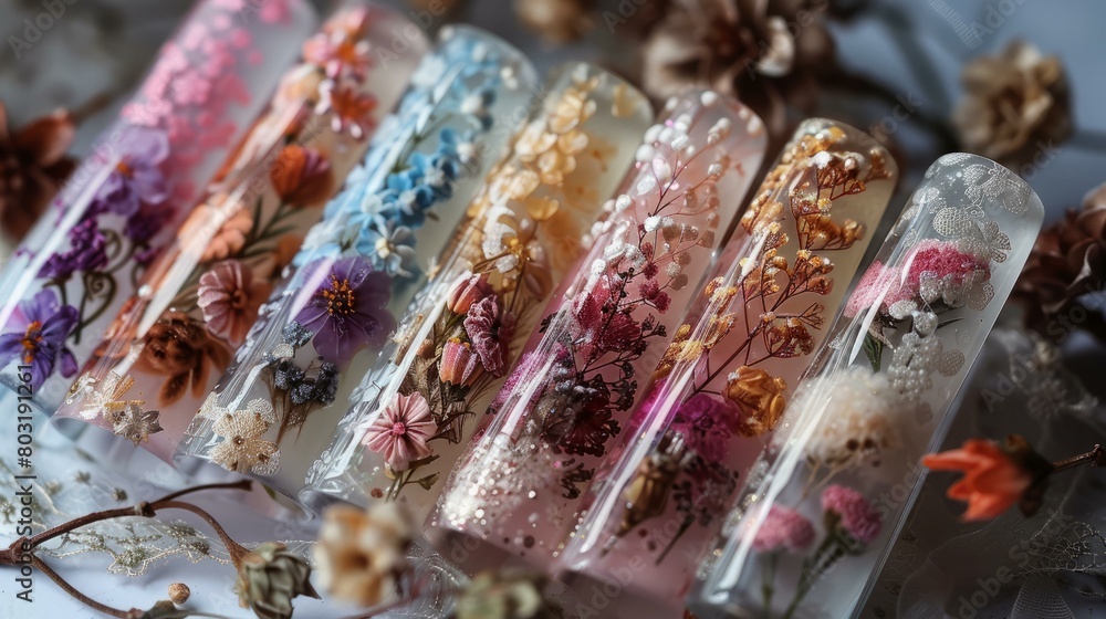 Dried flowers and glitter encapsulated in clear resin cylinders Dried flowers and glitter encapsulated in clear resin cylinders