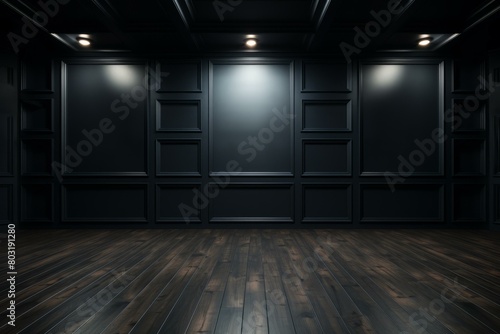 Dark wood paneled room with hardwood floor