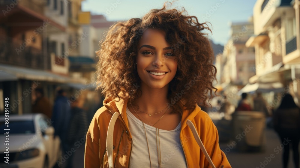 Portrait of a beautiful young woman with curly hair smiling in the street Portrait of a beautiful young woman with curly hair smiling in the street