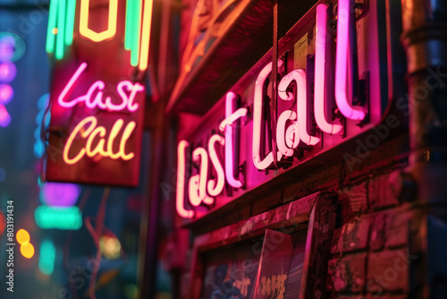 Close-up of a neon sign that says "Last Call."