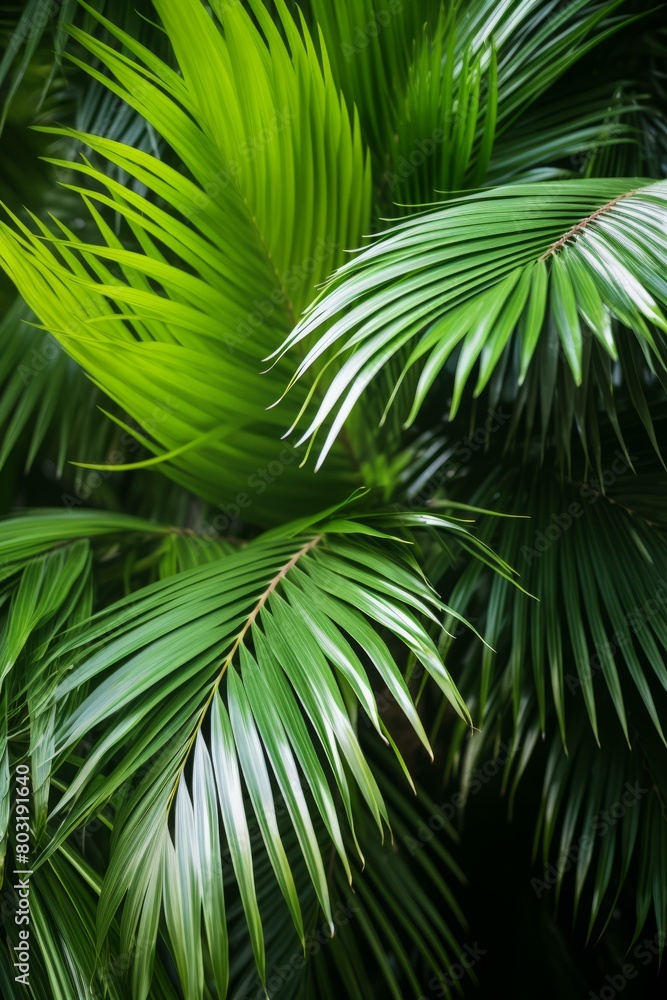 Close up of bright green palm leaves