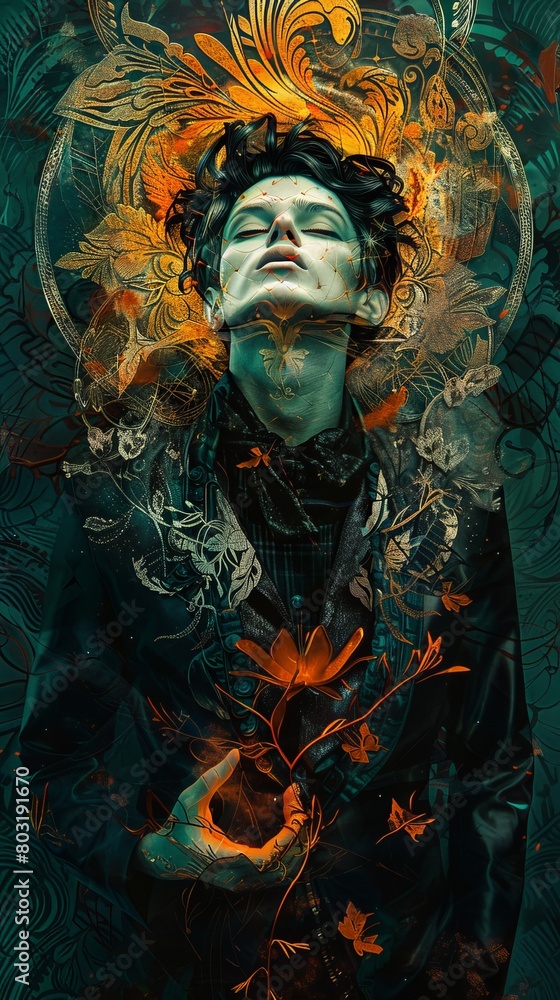 A holographic neoclassical Dracula projected in dark teal, amber, squash, and vermillion colors, creating a macabre atmosphere. Slider set at 916 ratio, raw style, stylized at 150 intens...