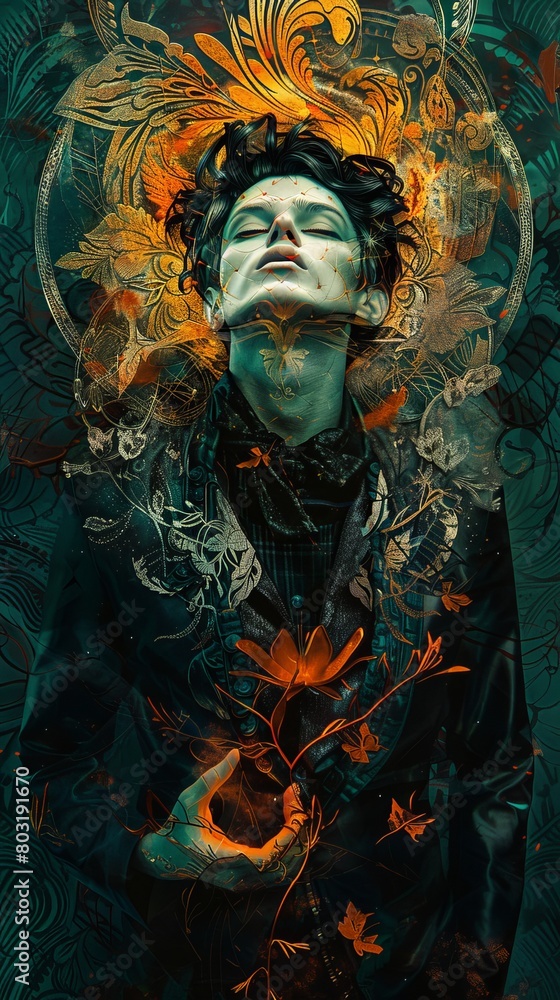 A holographic neoclassical Dracula projected in dark teal, amber, squash, and vermillion colors, creating a macabre atmosphere. Slider set at 916 ratio, raw style, stylized at 150 intens... A holographic neoclassical Dracula projected in dark teal, amber, squash, and vermillion colors, creating a macabre atmosphere. Slider set at 916 ratio, raw style, stylized at 150 intens...