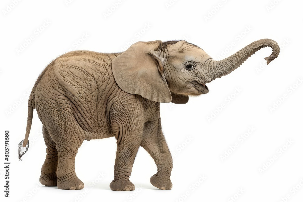 cute baby elephant extending trunk in greeting gesture isolated on white background
