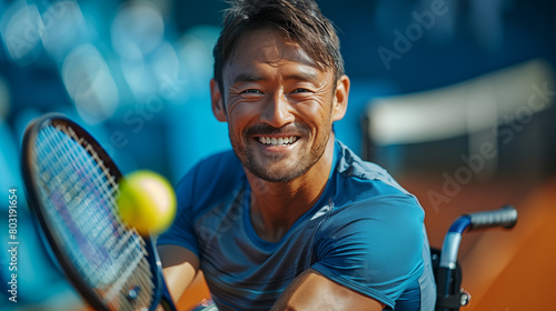 Portrait of smiling male tennis player wheelchair bound with racket on tennis court. photo