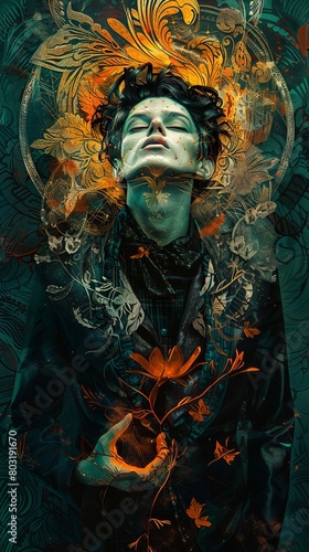 A holographic neoclassical Dracula projected in dark teal, amber, squash, and vermillion colors, creating a macabre atmosphere. Slider set at 916 ratio, raw style, stylized at 150 intens...