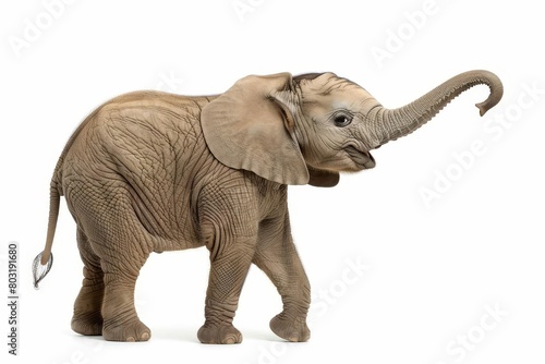 cute baby elephant extending trunk in greeting gesture isolated on white background