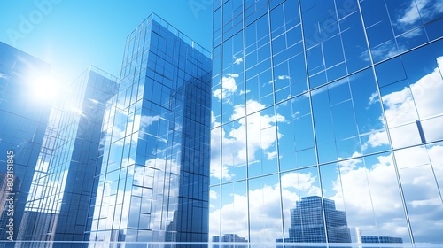 Office skyscraper with reflective windows  blue sky  side shot