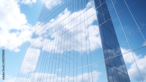 Office skyscraper with reflective windows, blue sky, side shot