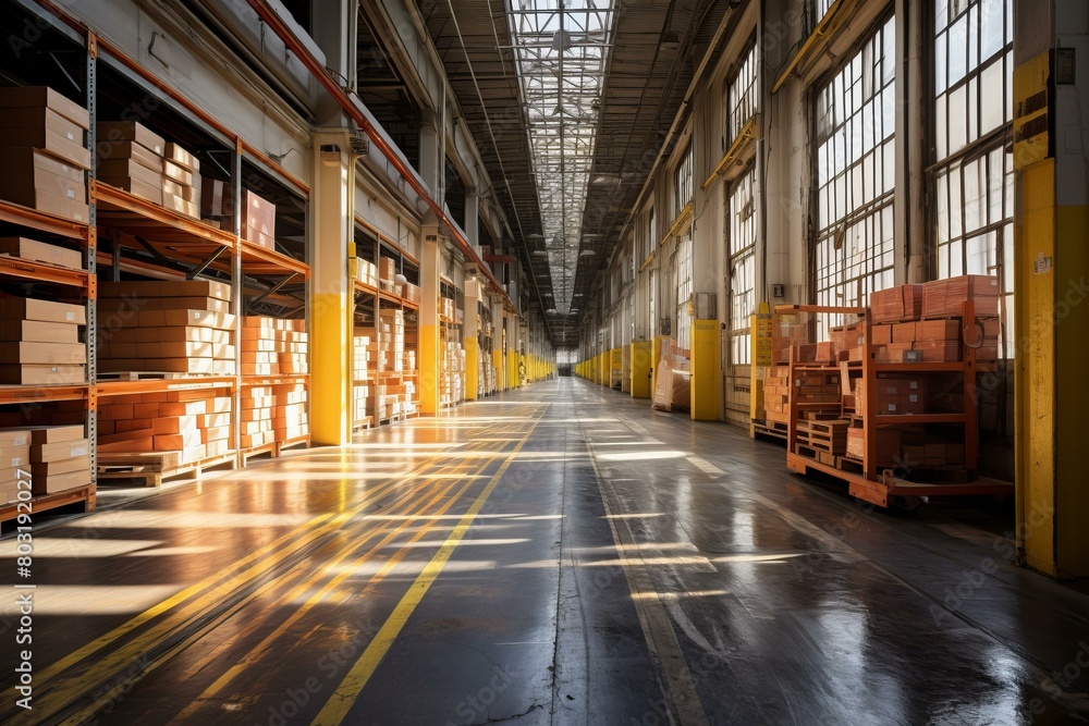 Empty factory interior with yellow lined floor and large windows Empty factory interior with yellow lined floor and large windows
