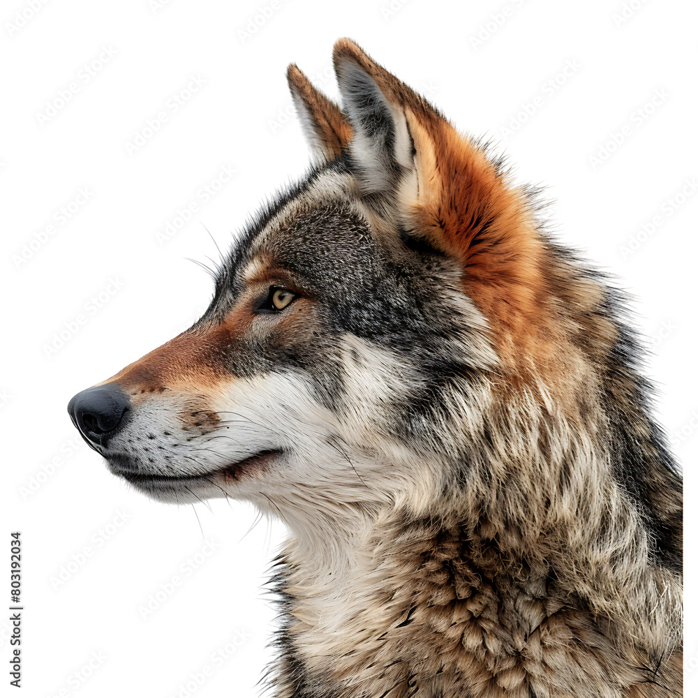 Fototapeta premium Wolf face shot side view on isolated transparent background