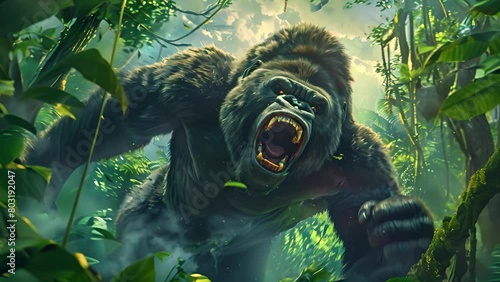 Intense gorilla screaming in a rainforest, muscles tense, amidst vibrant greenery and hanging vines, with a storm brewing overhead