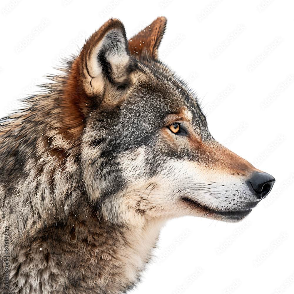 Fototapeta premium Wolf face shot side view on isolated transparent background