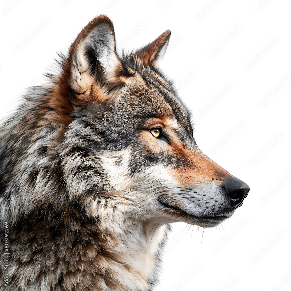 Fototapeta premium Wolf face shot side view on isolated transparent background